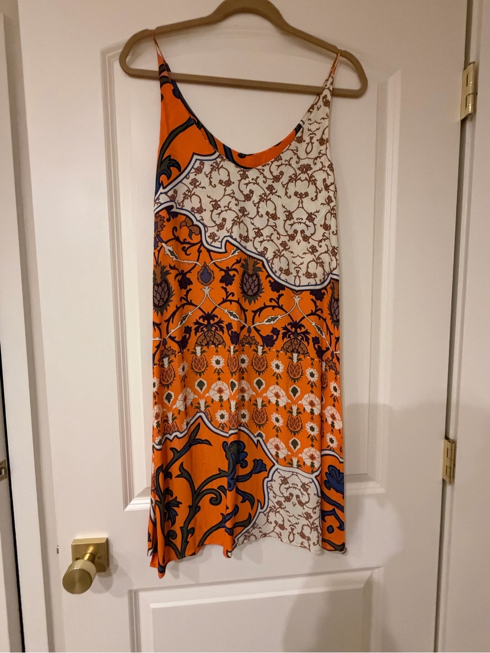 Topshop Orange and White Spaghetti-Strap Slip Dress with Navy Print